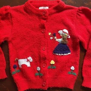 Vintage Folk County Knitted Sweater with Girl in Dress, Flowers and Dog Design